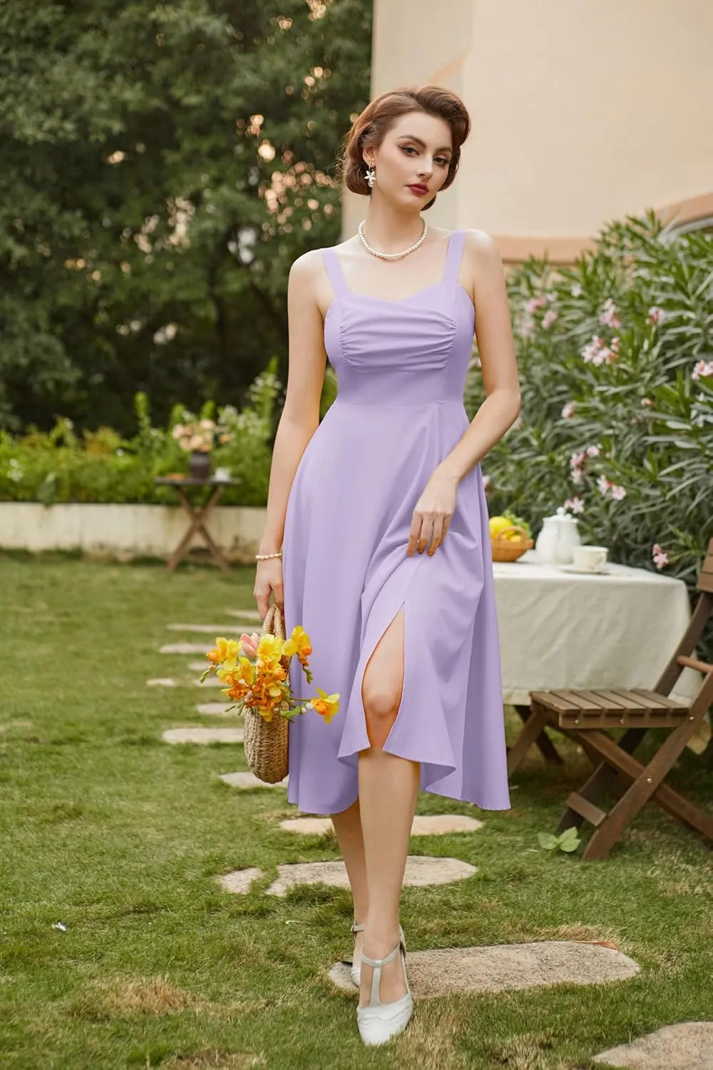 Belle Poque Women's Vintage 1950s Cocktail Dress Sleeveless Spaghetti Strap Ruched Slit A Line Swing Dress with Pockets