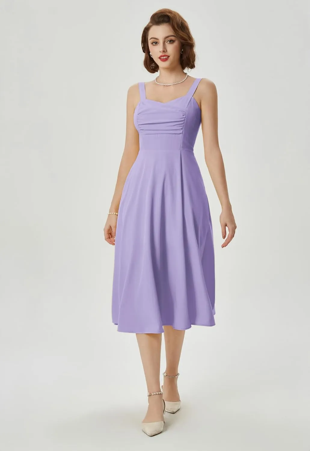 Belle Poque Women's Vintage 1950s Cocktail Dress Sleeveless Spaghetti Strap Ruched Slit A Line Swing Dress with Pockets