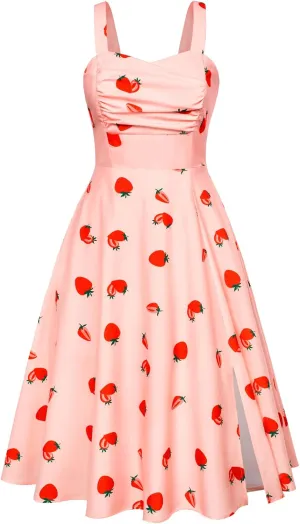 Belle Poque Women's Vintage 1950s Cocktail Dress Sleeveless Spaghetti Strap Ruched Slit A Line Swing Dress with Pockets