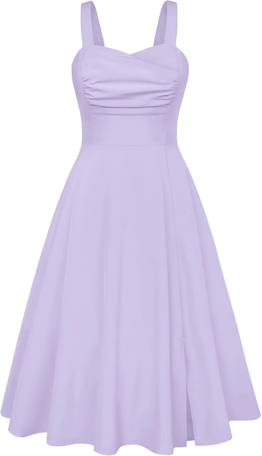 Belle Poque Women's Vintage 1950s Cocktail Dress Sleeveless Spaghetti Strap Ruched Slit A Line Swing Dress with Pockets