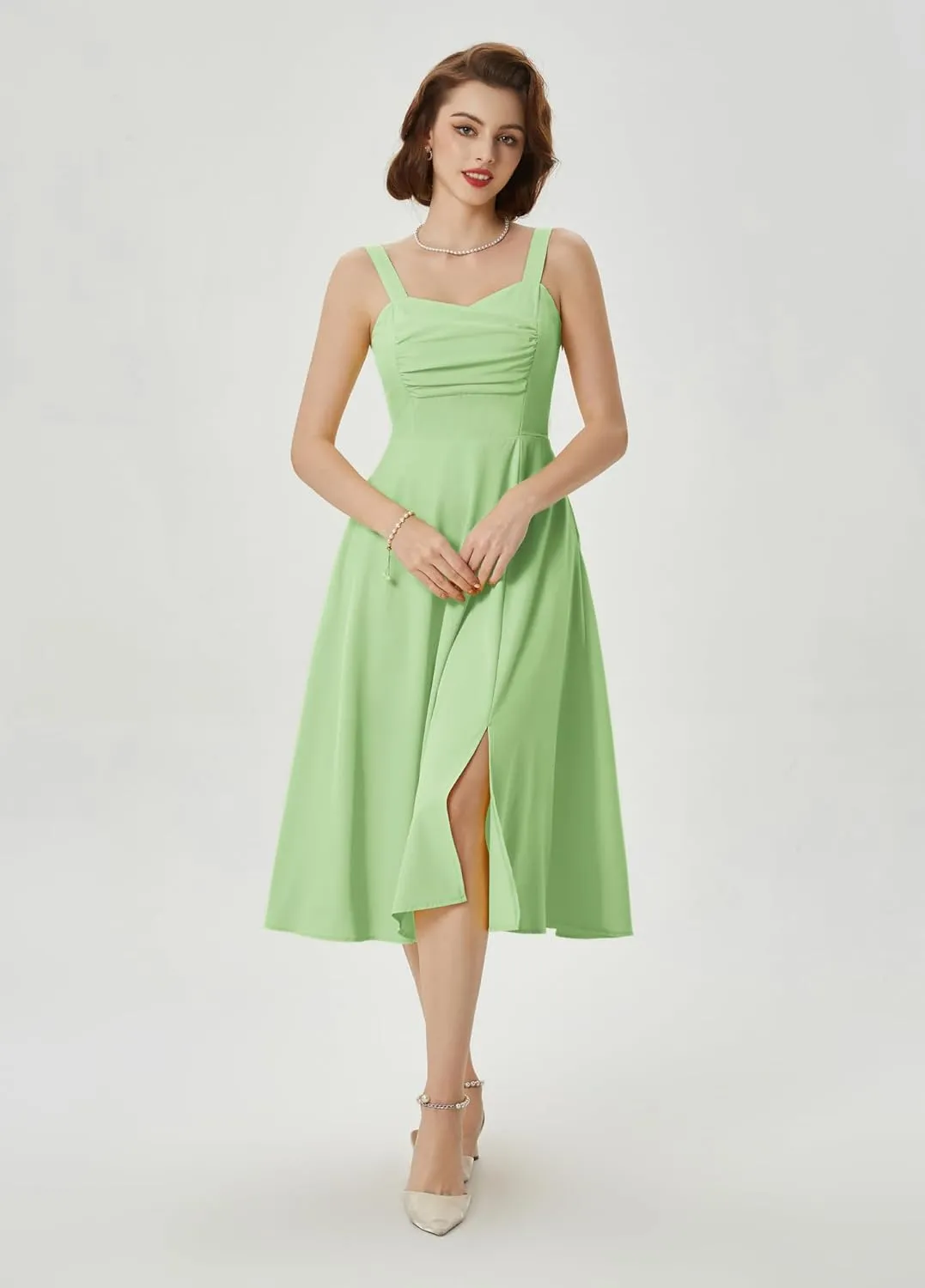 Belle Poque Women's Vintage 1950s Cocktail Dress Sleeveless Spaghetti Strap Ruched Slit A Line Swing Dress with Pockets
