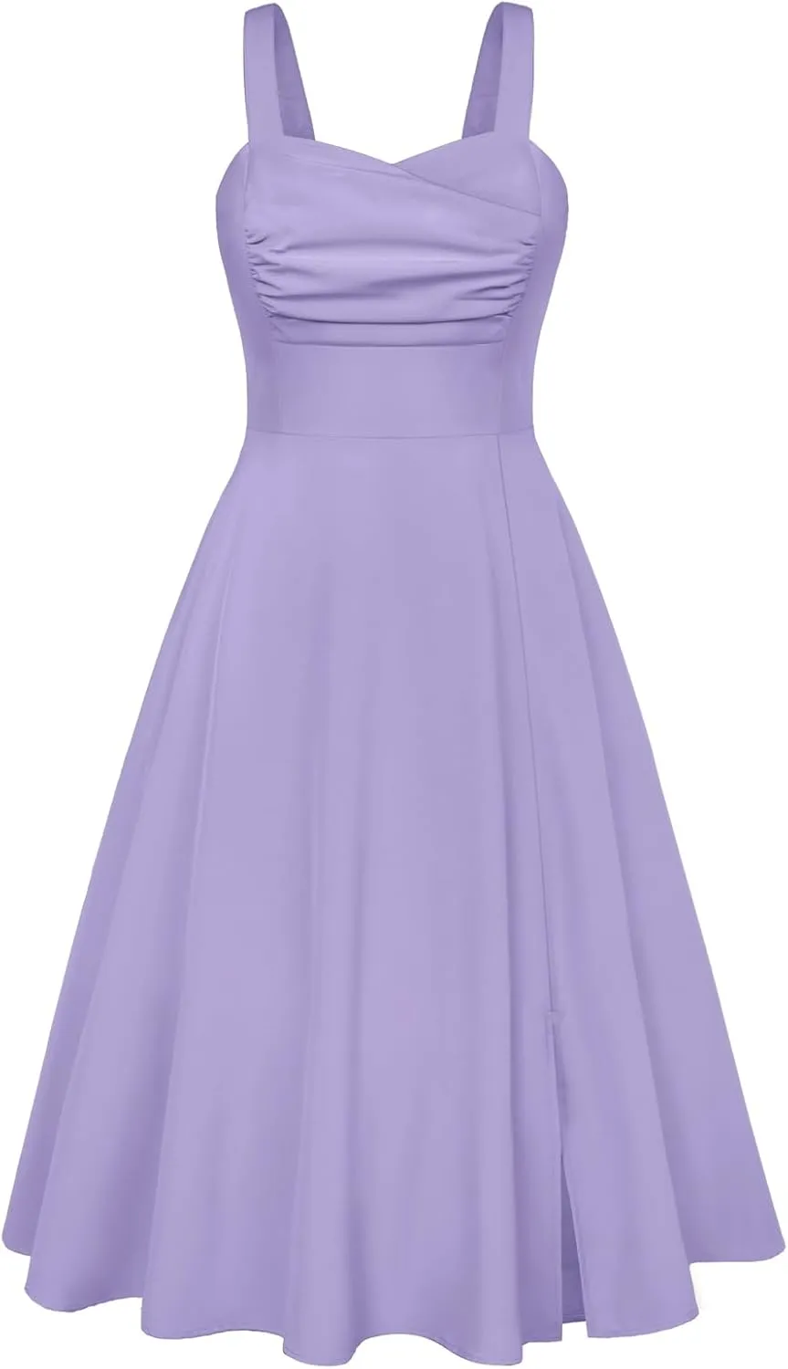 Belle Poque Women's Vintage 1950s Cocktail Dress Sleeveless Spaghetti Strap Ruched Slit A Line Swing Dress with Pockets