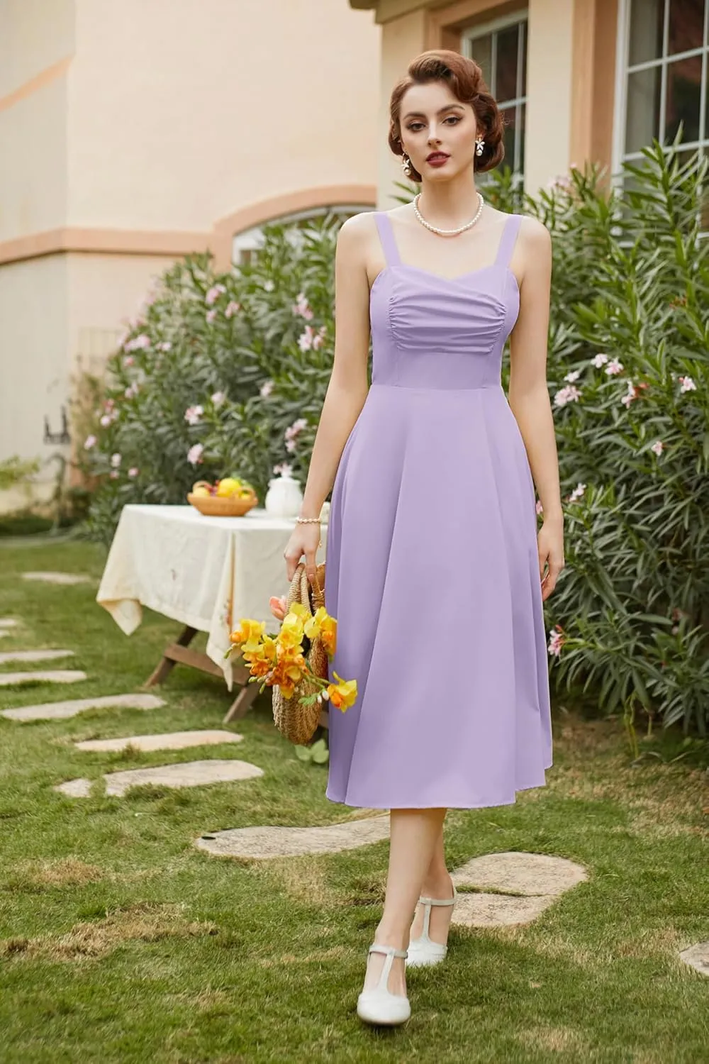 Belle Poque Women's Vintage 1950s Cocktail Dress Sleeveless Spaghetti Strap Ruched Slit A Line Swing Dress with Pockets