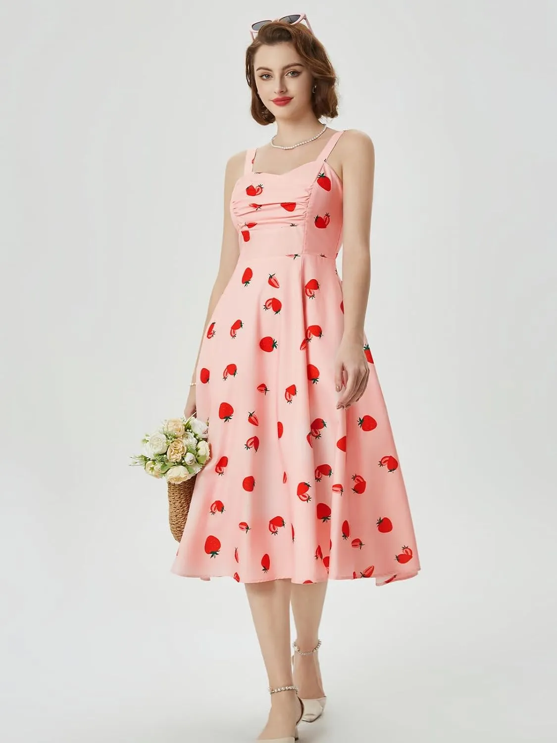 Belle Poque Women's Vintage 1950s Cocktail Dress Sleeveless Spaghetti Strap Ruched Slit A Line Swing Dress with Pockets