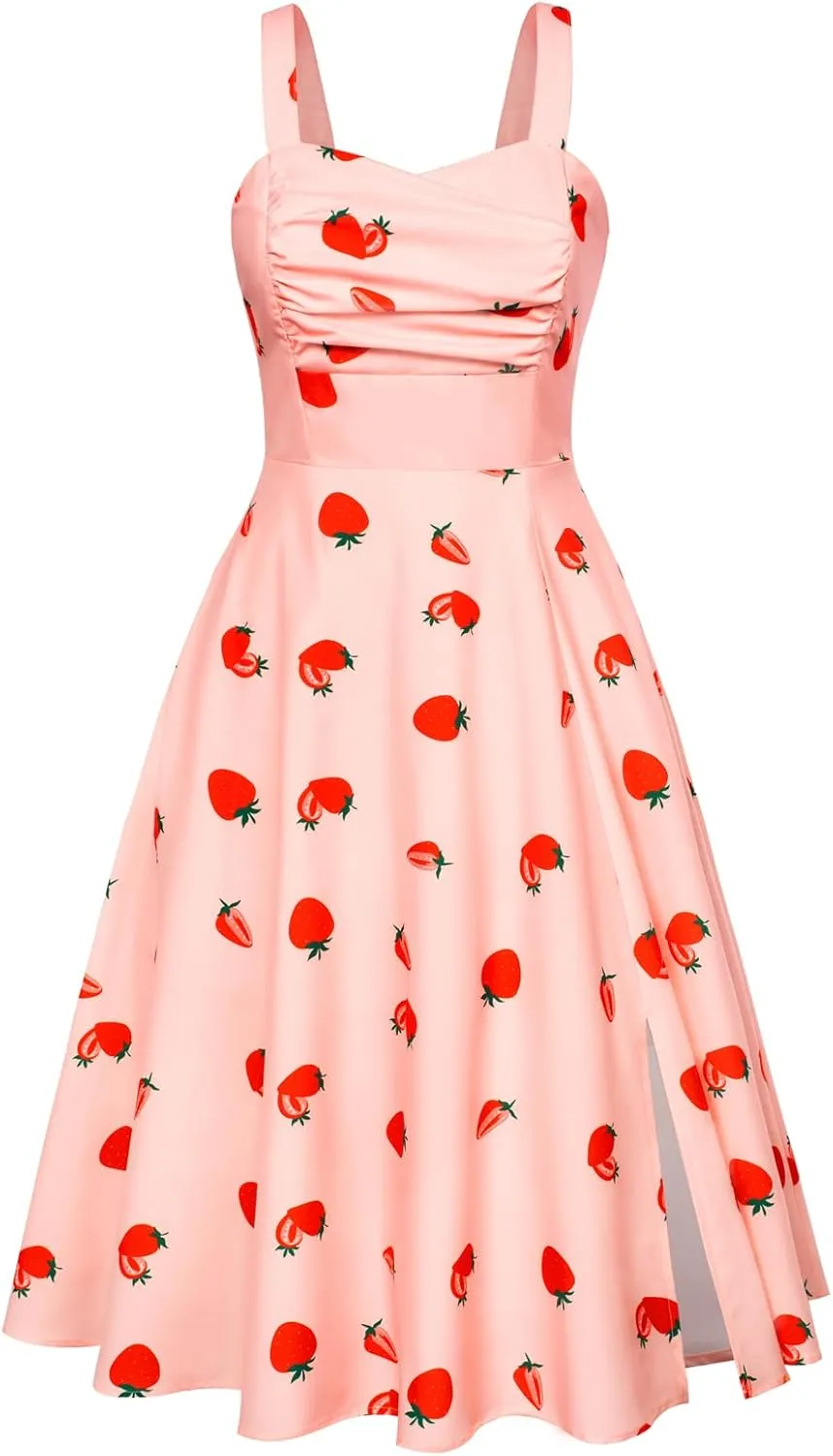 Belle Poque Women's Vintage 1950s Cocktail Dress Sleeveless Spaghetti Strap Ruched Slit A Line Swing Dress with Pockets