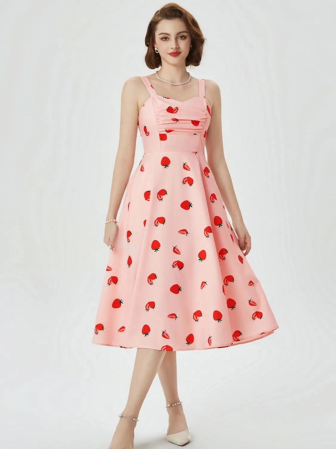 Belle Poque Women's Vintage 1950s Cocktail Dress Sleeveless Spaghetti Strap Ruched Slit A Line Swing Dress with Pockets