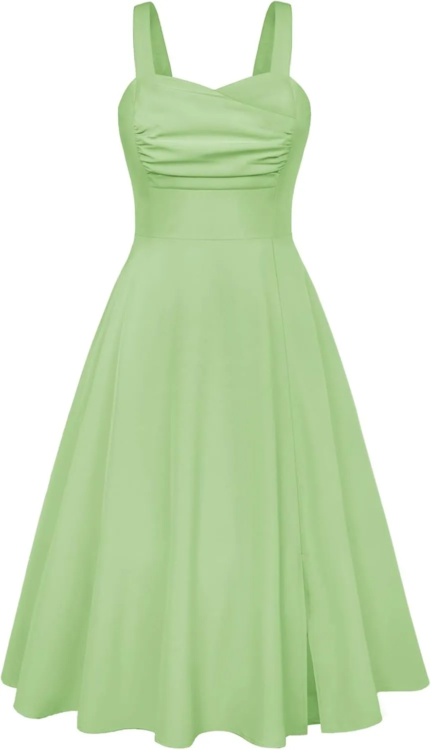 Belle Poque Women's Vintage 1950s Cocktail Dress Sleeveless Spaghetti Strap Ruched Slit A Line Swing Dress with Pockets