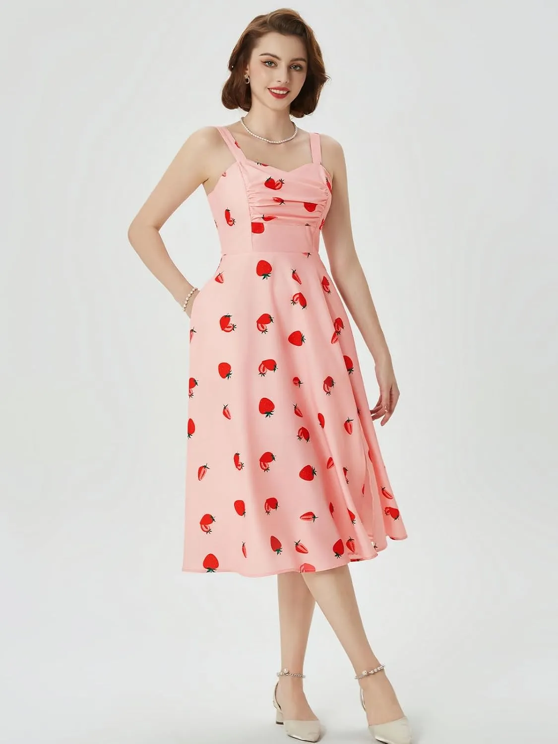 Belle Poque Women's Vintage 1950s Cocktail Dress Sleeveless Spaghetti Strap Ruched Slit A Line Swing Dress with Pockets