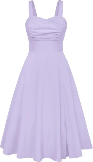 Belle Poque Women's Vintage 1950s Cocktail Dress Sleeveless Spaghetti Strap Ruched Slit A Line Swing Dress with Pockets