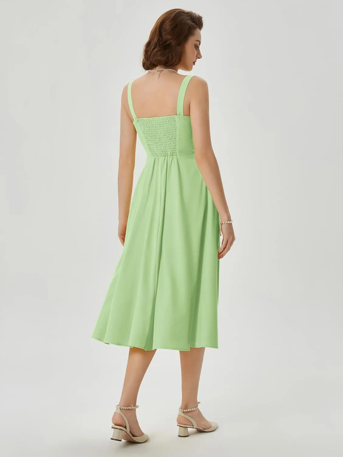 Belle Poque Women's Vintage 1950s Cocktail Dress Sleeveless Spaghetti Strap Ruched Slit A Line Swing Dress with Pockets