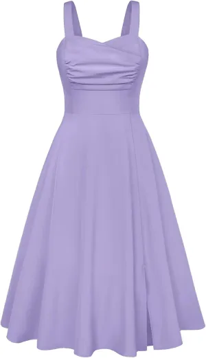 Belle Poque Women's Vintage 1950s Cocktail Dress Sleeveless Spaghetti Strap Ruched Slit A Line Swing Dress with Pockets