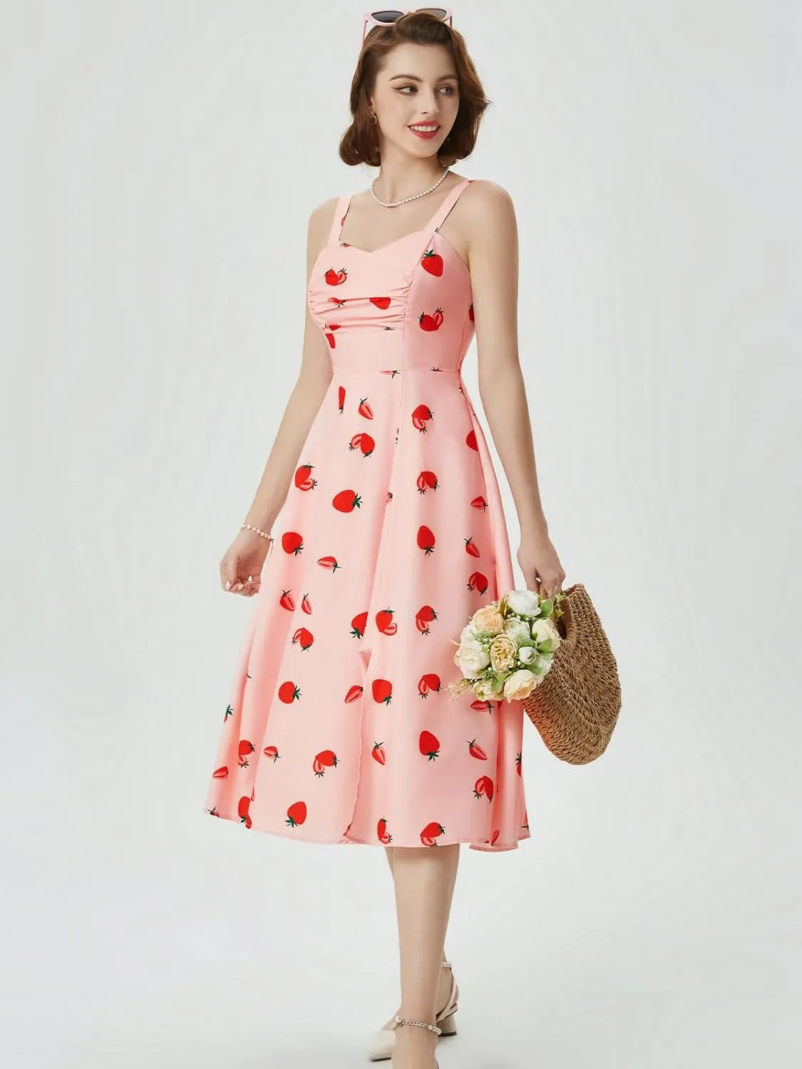 Belle Poque Women's Vintage 1950s Cocktail Dress Sleeveless Spaghetti Strap Ruched Slit A Line Swing Dress with Pockets