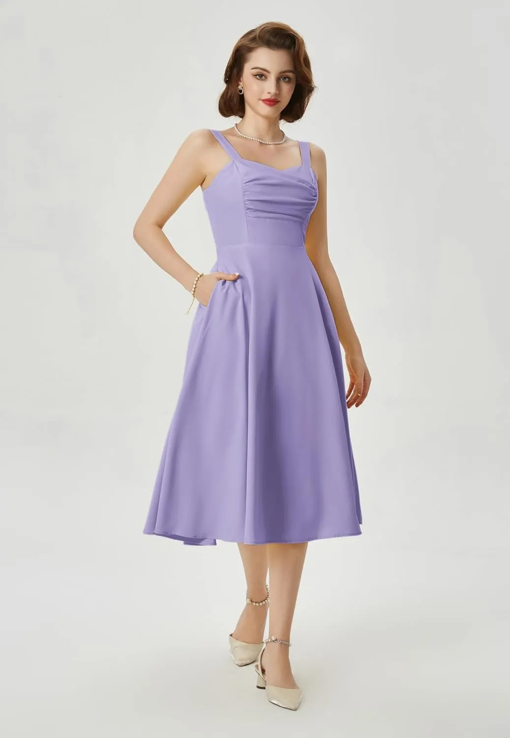 Belle Poque Women's Vintage 1950s Cocktail Dress Sleeveless Spaghetti Strap Ruched Slit A Line Swing Dress with Pockets