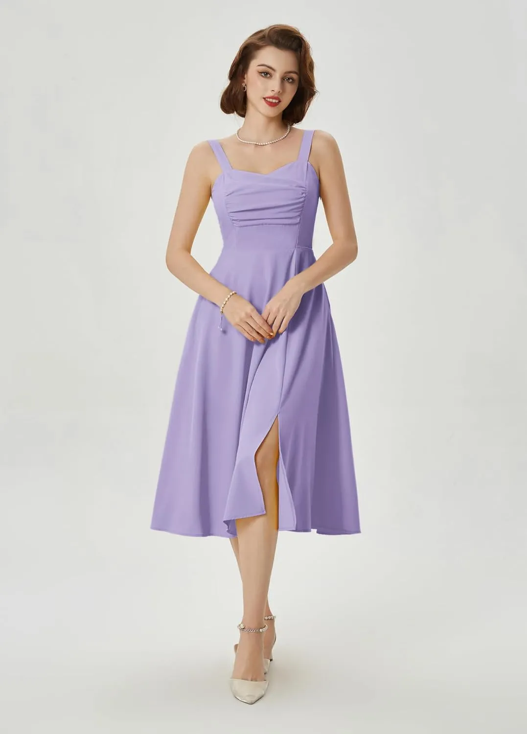 Belle Poque Women's Vintage 1950s Cocktail Dress Sleeveless Spaghetti Strap Ruched Slit A Line Swing Dress with Pockets