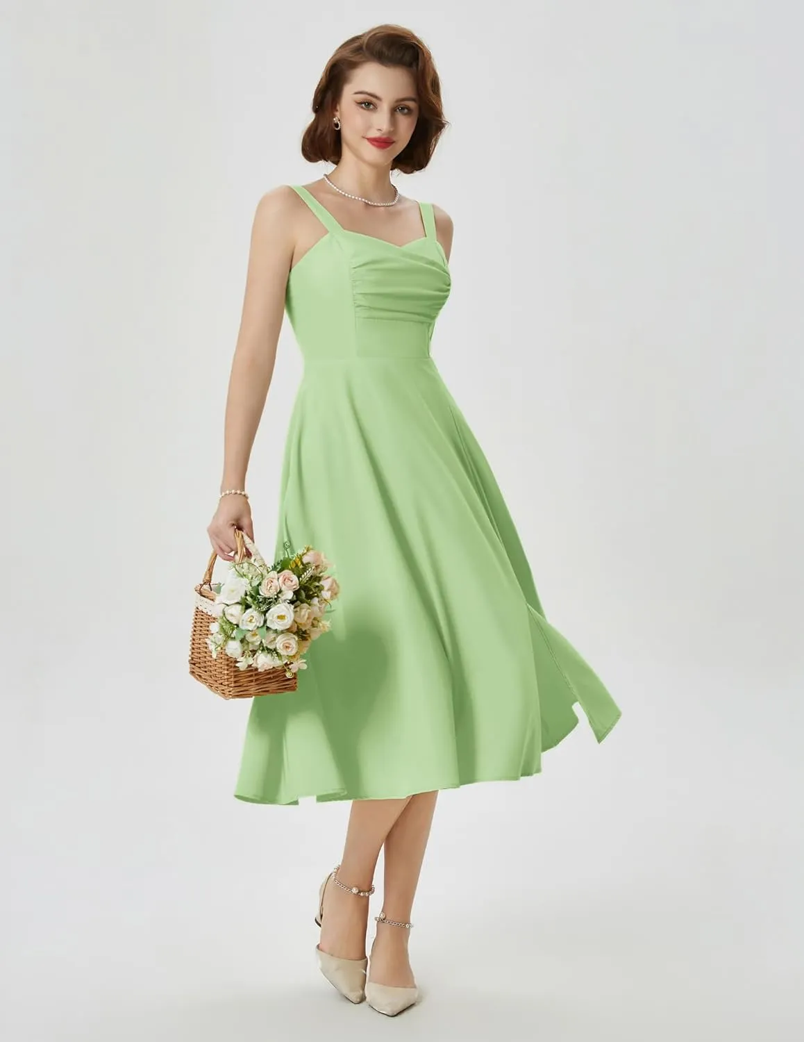 Belle Poque Women's Vintage 1950s Cocktail Dress Sleeveless Spaghetti Strap Ruched Slit A Line Swing Dress with Pockets