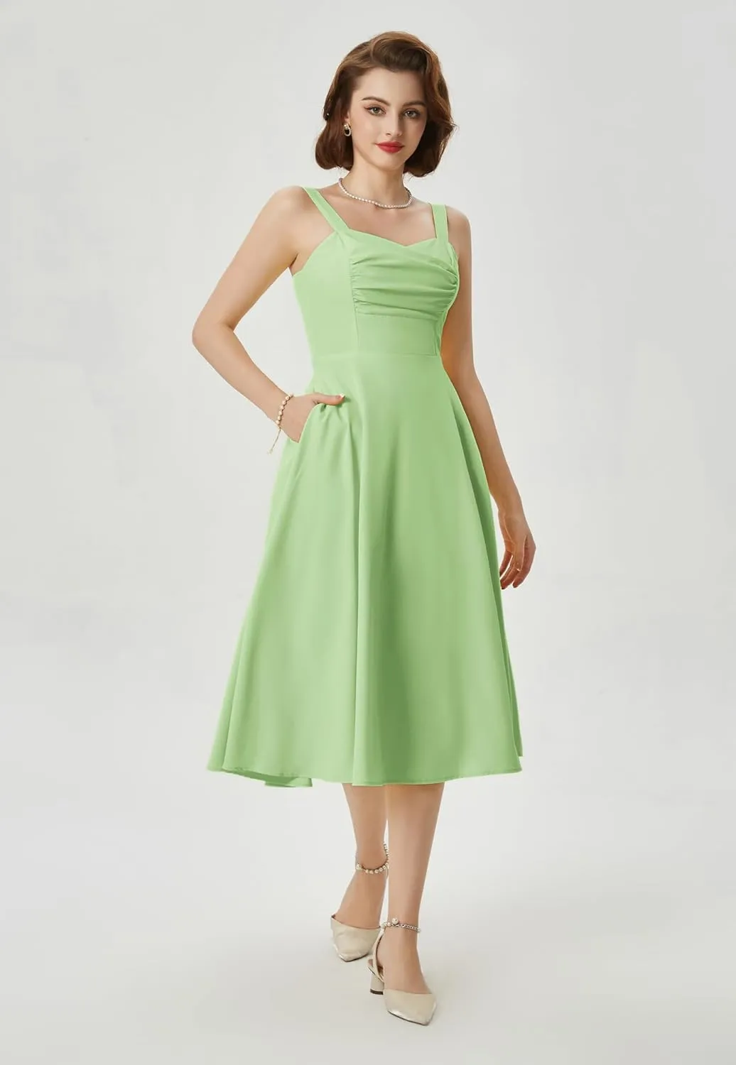 Belle Poque Women's Vintage 1950s Cocktail Dress Sleeveless Spaghetti Strap Ruched Slit A Line Swing Dress with Pockets