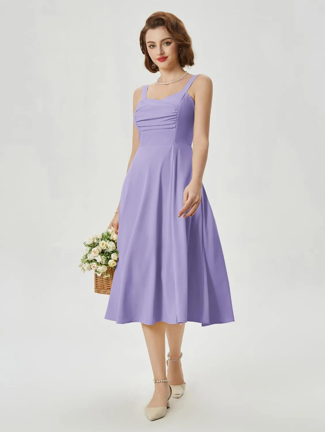 Belle Poque Women's Vintage 1950s Cocktail Dress Sleeveless Spaghetti Strap Ruched Slit A Line Swing Dress with Pockets