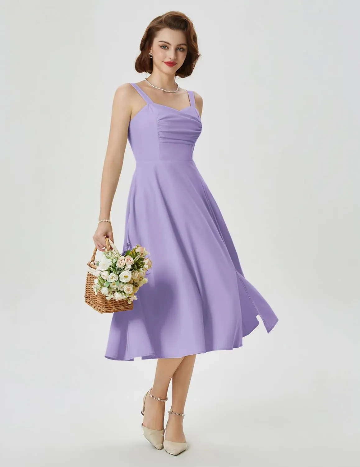 Belle Poque Women's Vintage 1950s Cocktail Dress Sleeveless Spaghetti Strap Ruched Slit A Line Swing Dress with Pockets