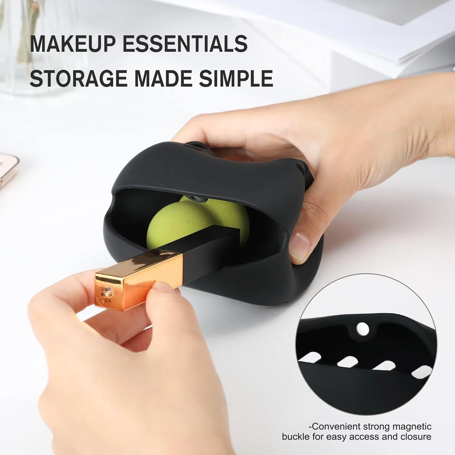 BEZOX Pocket Makeup Bag Silicone Cosmetic Case - Breathable Beauty Blender Holder Case, Compact and Portable Makeup Puff Sponge Organizer, Make Up Travel Essential - Black