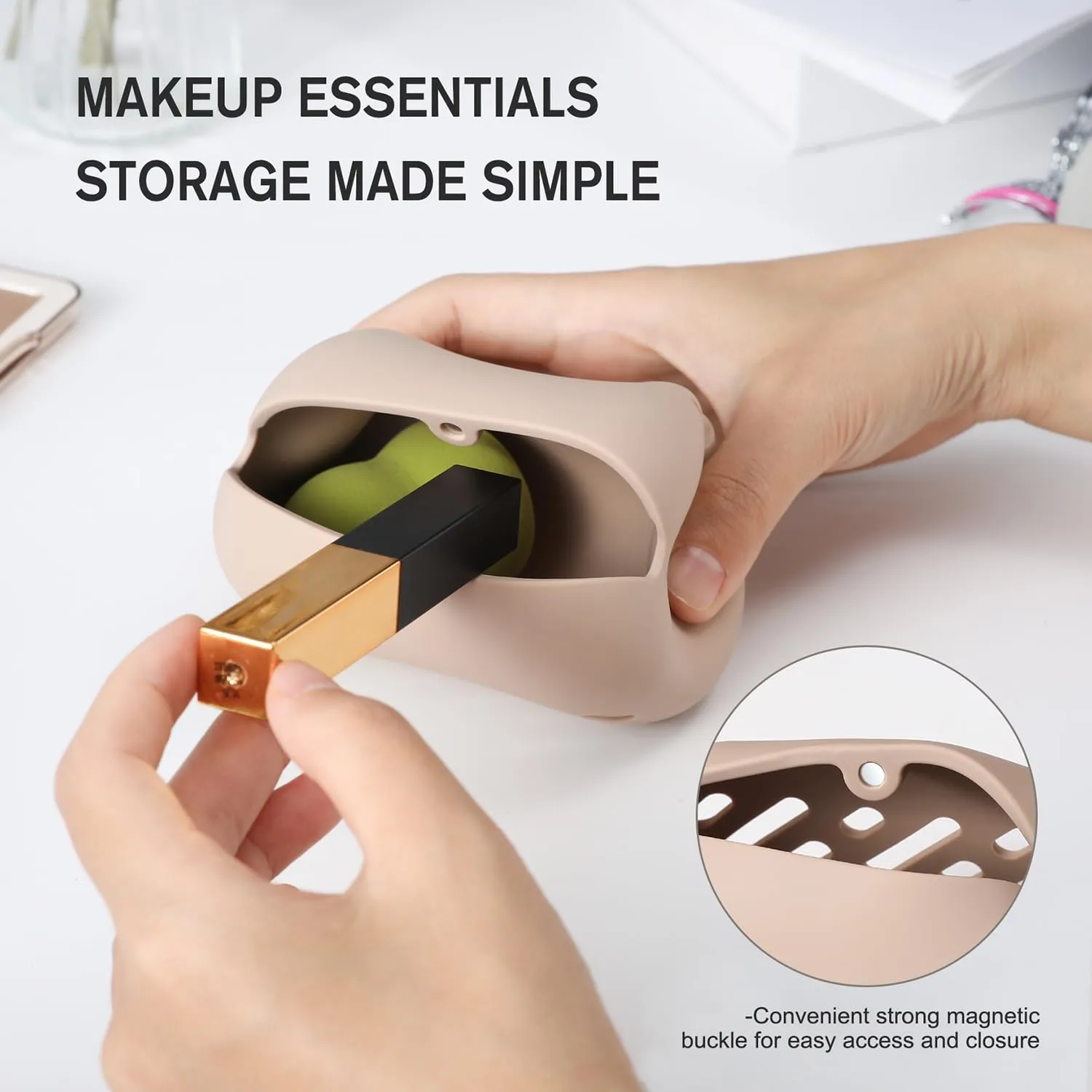 BEZOX Pocket Makeup Bag Silicone Cosmetic Case - Breathable Beauty Blender Holder Case, Compact and Portable Makeup Puff Sponge Organizer, Make Up Travel Essential - Kahki
