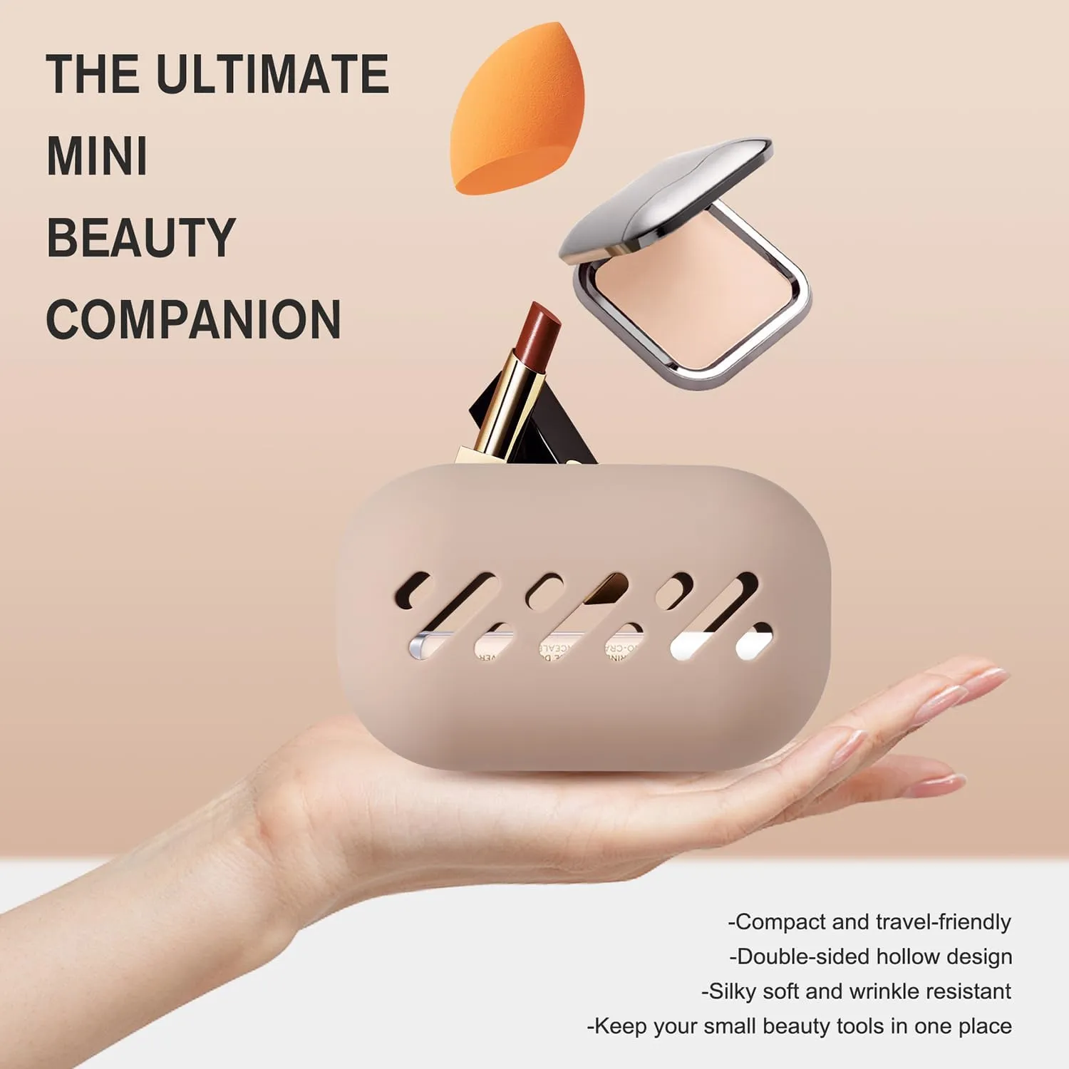 BEZOX Pocket Makeup Bag Silicone Cosmetic Case - Breathable Beauty Blender Holder Case, Compact and Portable Makeup Puff Sponge Organizer, Make Up Travel Essential - Kahki