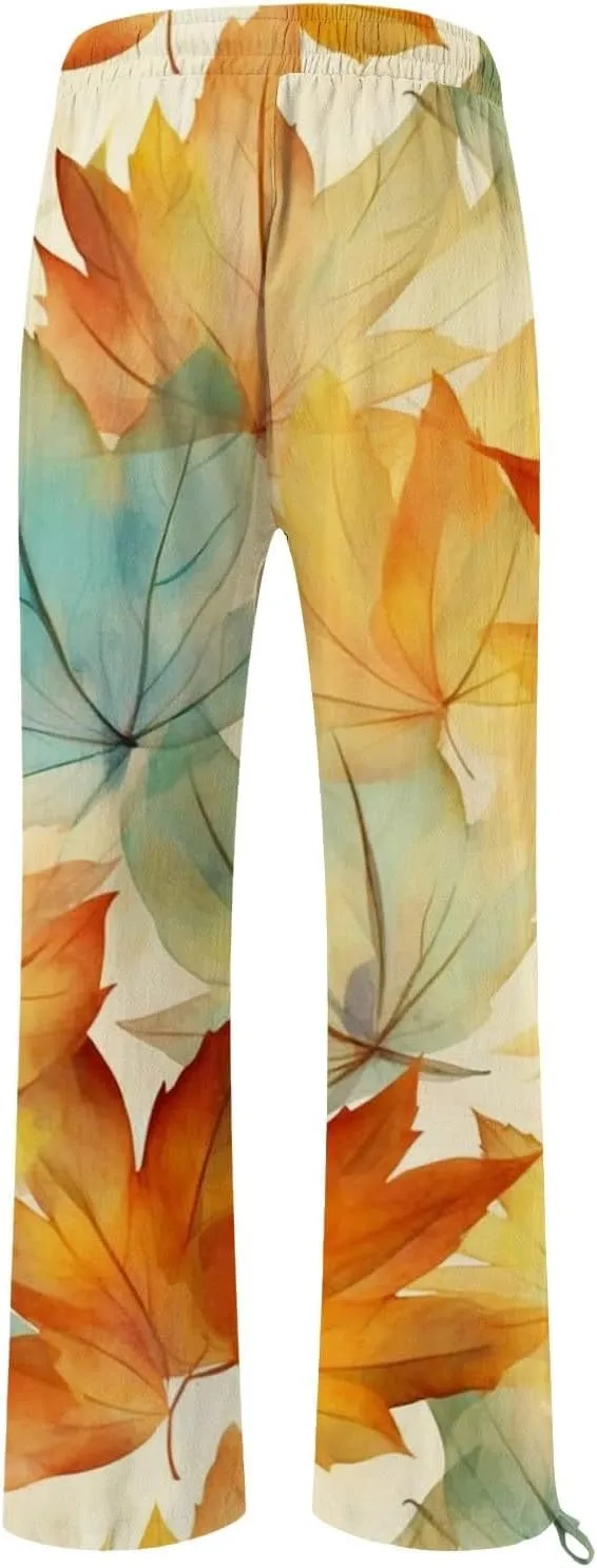 Boho Pants for Women Floral Print Cotton Linen Pant Elastic Waist Drawstring Summer Beach Baggy Trousers with Pocket