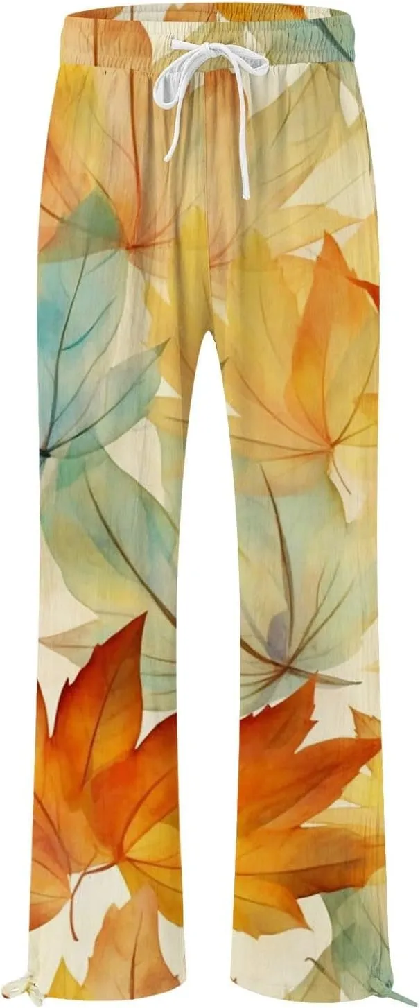 Boho Pants for Women Floral Print Cotton Linen Pant Elastic Waist Drawstring Summer Beach Baggy Trousers with Pocket