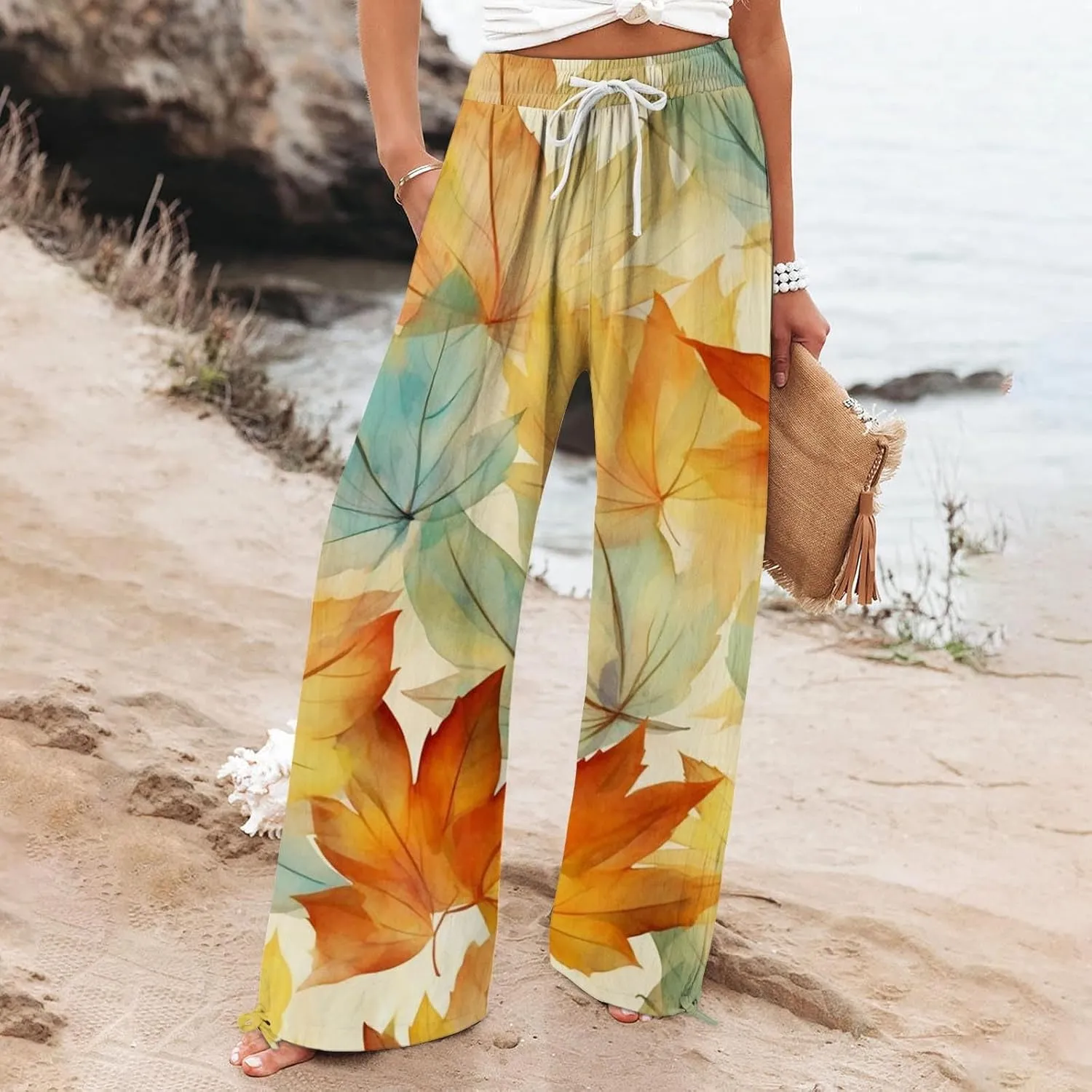 Boho Pants for Women Floral Print Cotton Linen Pant Elastic Waist Drawstring Summer Beach Baggy Trousers with Pocket