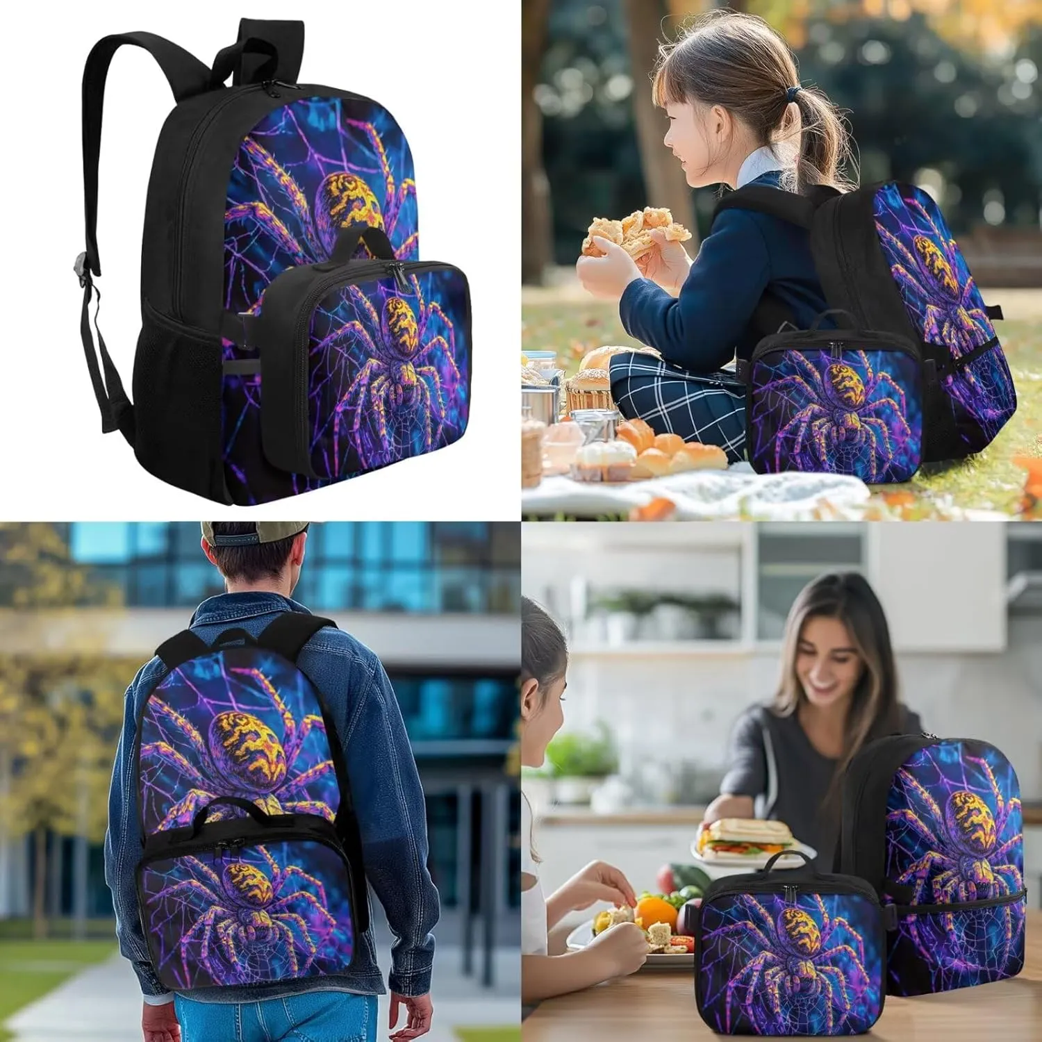 Boy Backpack with Lunch Box Spider Backpack for Preschool Boys Cool 4 Pcs Kids Bookbag Set for Primary Children Breathable 4th Grade Child Schoolbag