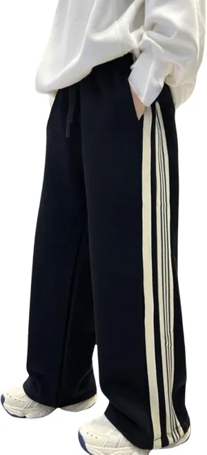 Boys' Casual Sweatpants Baggy Wide Leg Side Striped Joggers Elastic Waist Drawstring Workout Active Trousers with Pockets