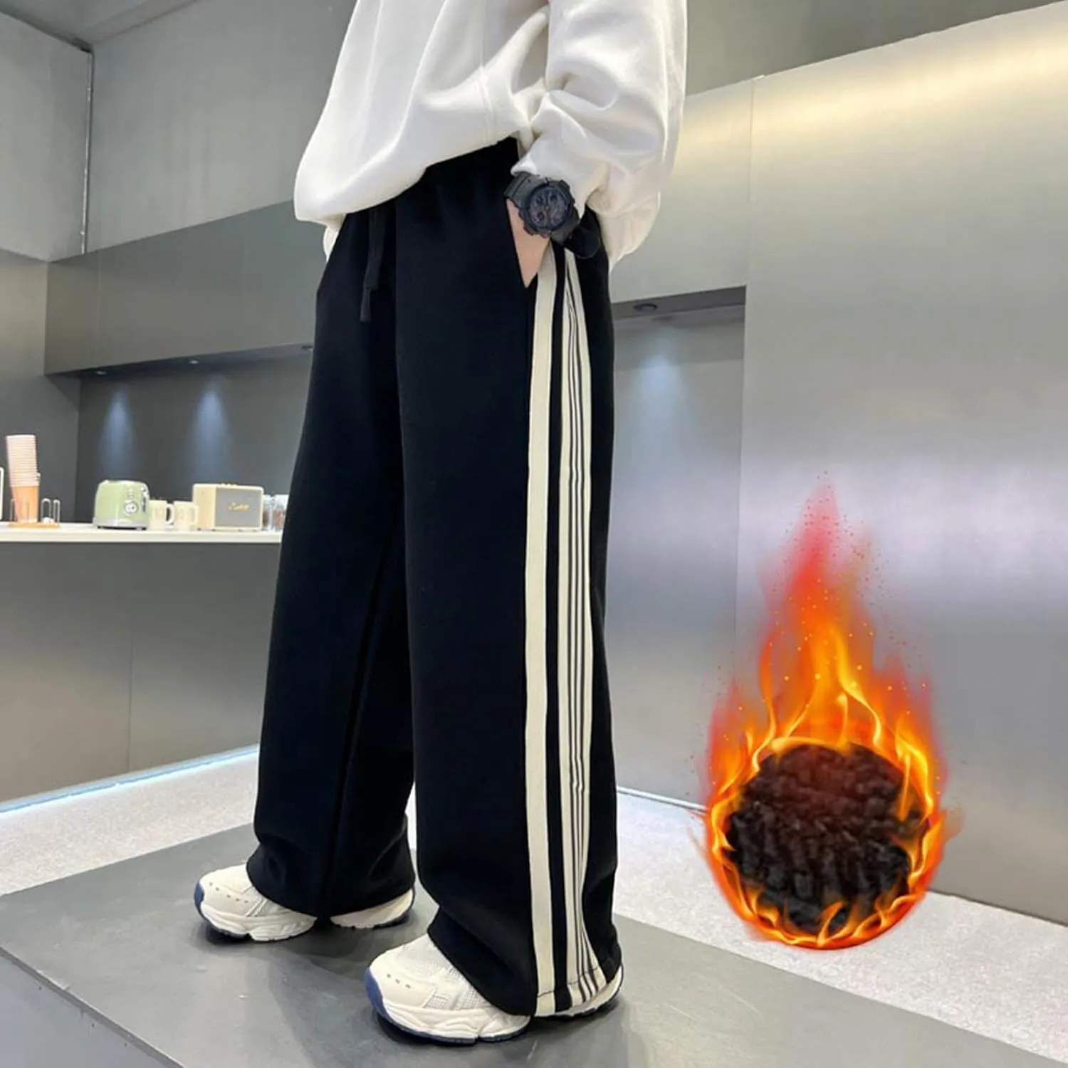 Boys' Casual Sweatpants Baggy Wide Leg Side Striped Joggers Elastic Waist Drawstring Workout Active Trousers with Pockets