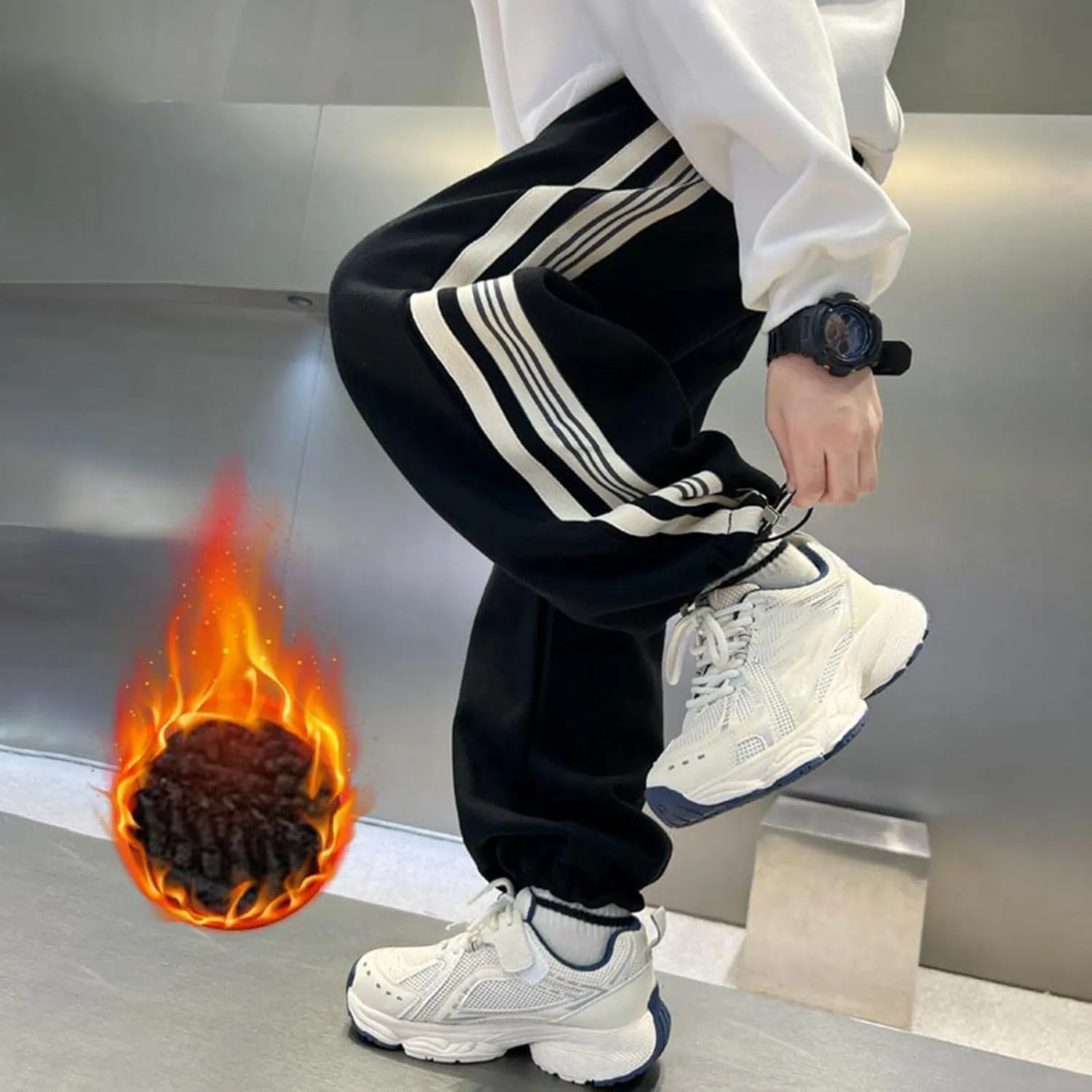 Boys' Casual Sweatpants Baggy Wide Leg Side Striped Joggers Elastic Waist Drawstring Workout Active Trousers with Pockets