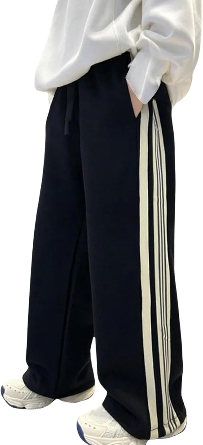 Boys' Casual Sweatpants Baggy Wide Leg Side Striped Joggers Elastic Waist Drawstring Workout Active Trousers with Pockets