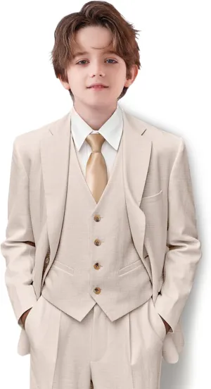 Boys Suit Linen Breathable 3 Piece Summer Slim Fit Kids Linen Suit Teen Blazer Vest Pant Set