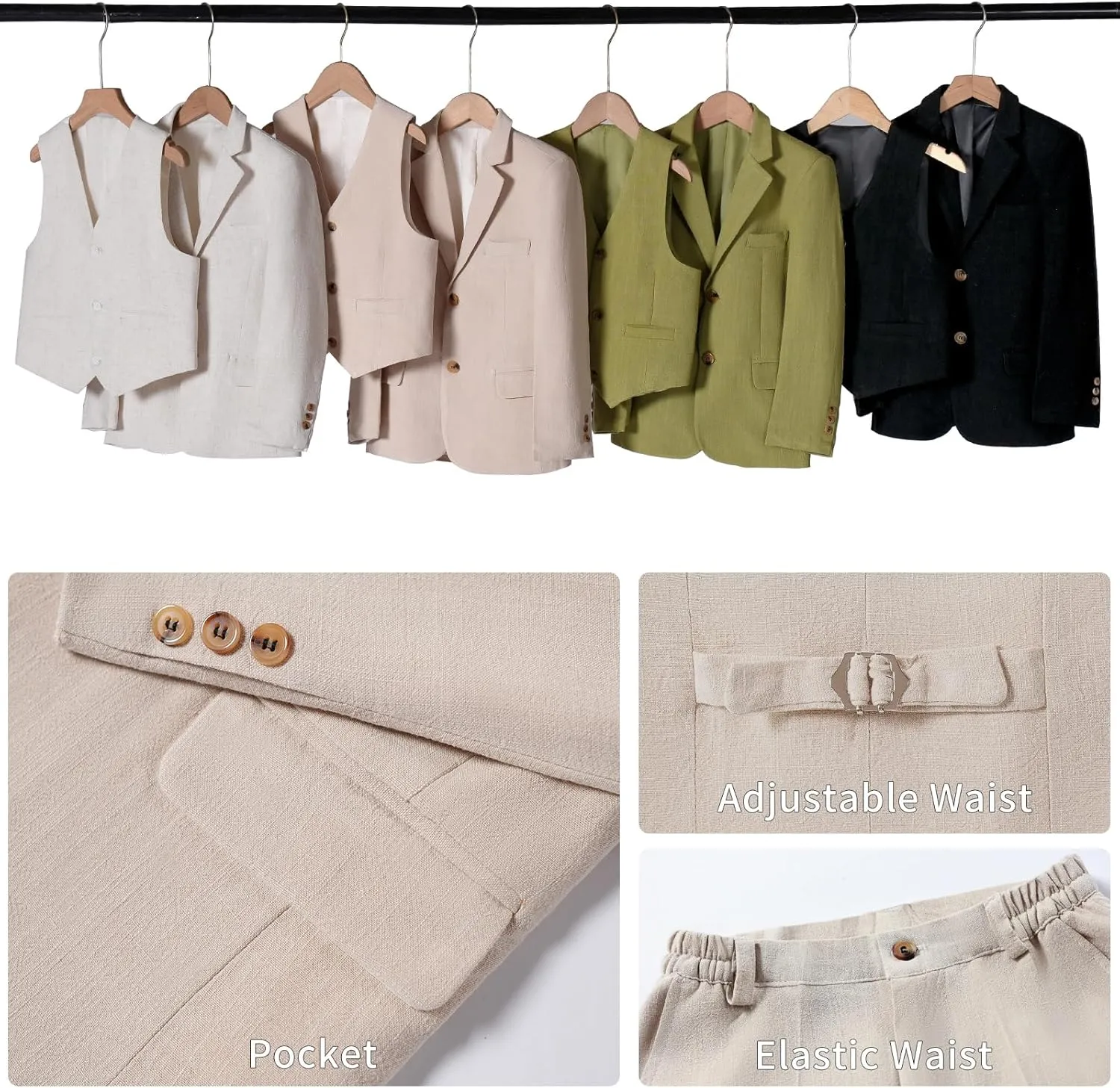 Boys Suit Linen Breathable 3 Piece Summer Slim Fit Kids Linen Suit Teen Blazer Vest Pant Set