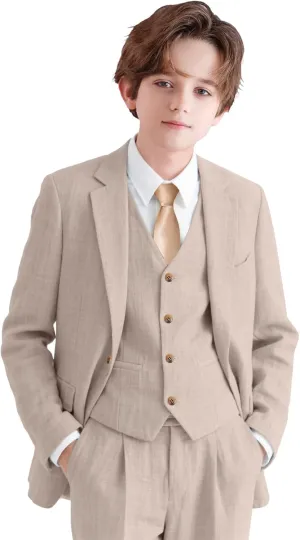 Boys Suit Linen Breathable 3 Piece Summer Slim Fit Kids Linen Suit Teen Blazer Vest Pant Set