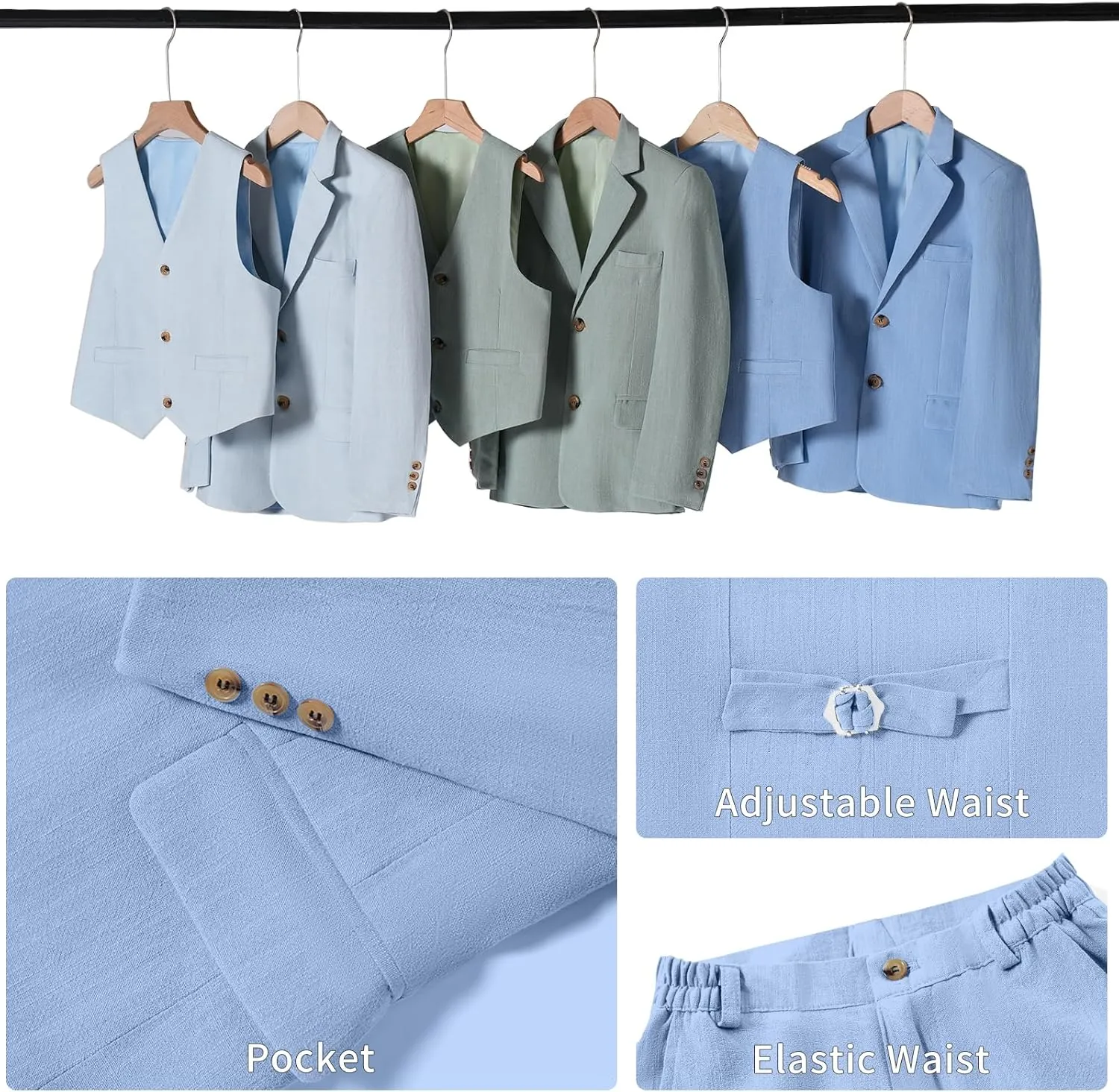 Boys Suit Linen Breathable 3 Piece Summer Slim Fit Kids Linen Suit Teen Blazer Vest Pant Set