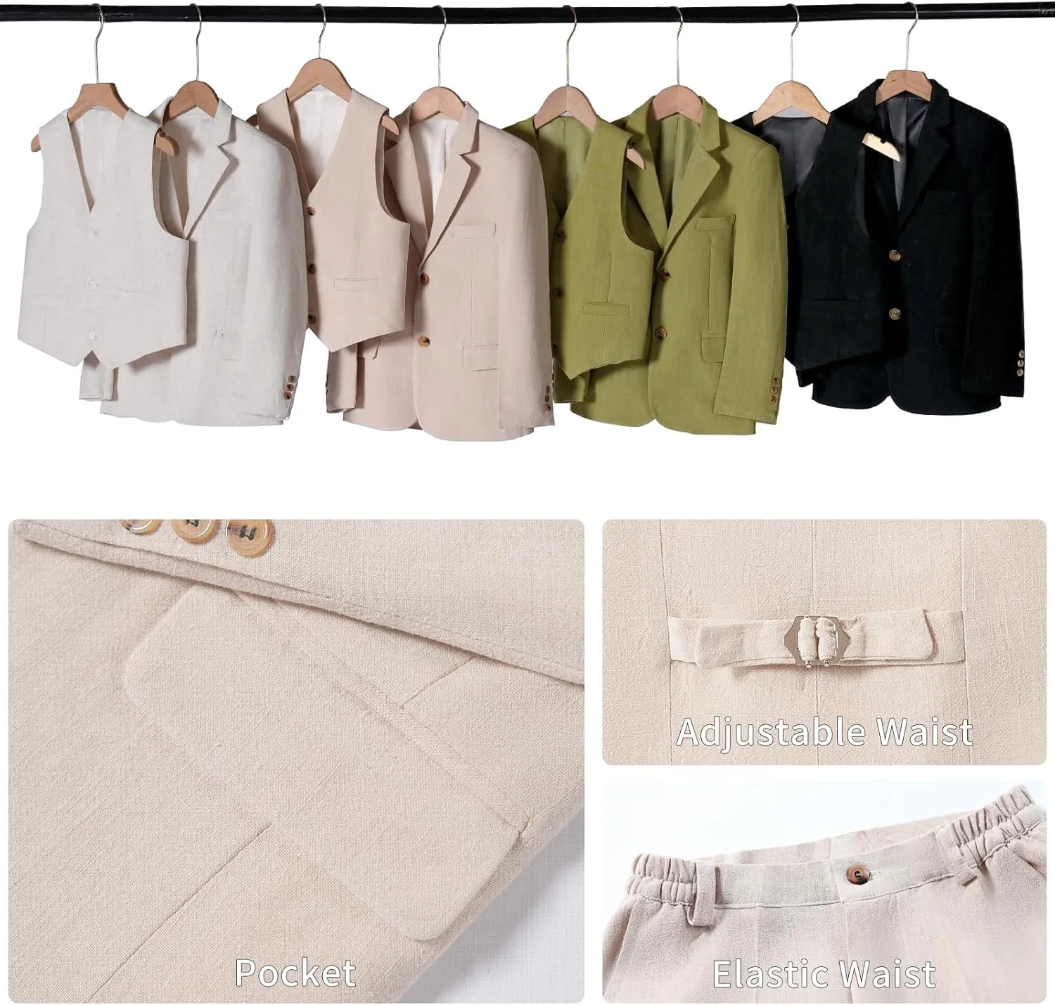 Boys Suit Linen Breathable 3 Piece Summer Slim Fit Kids Linen Suit Teen Blazer Vest Pant Set