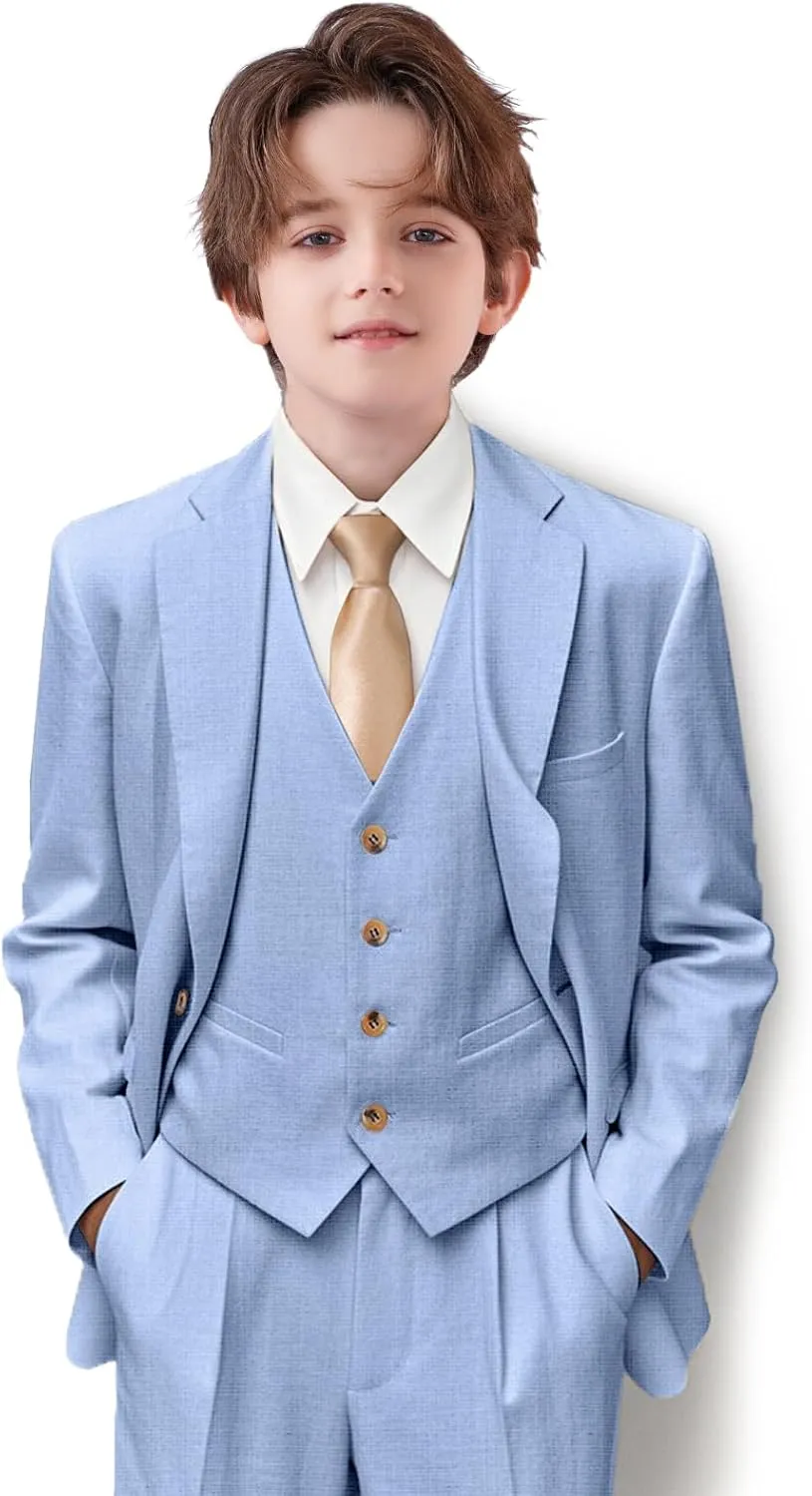 Boys Suit Linen Breathable 3 Piece Summer Slim Fit Kids Linen Suit Teen Blazer Vest Pant Set