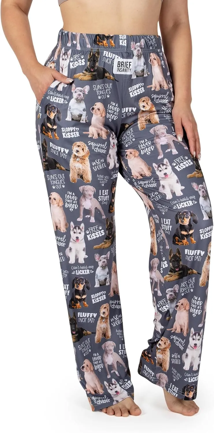 BRIEF INSANITY Silky Soft Puppy Dog Lounge Pajama Pants - Cute Breathable, Stretchy, Loose-Fit Unisex Sleep Bottoms (S-XXL)