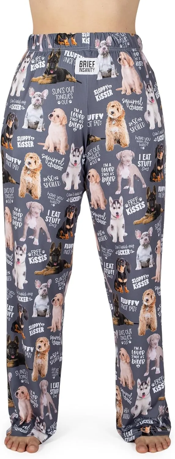 BRIEF INSANITY Silky Soft Puppy Dog Lounge Pajama Pants - Cute Breathable, Stretchy, Loose-Fit Unisex Sleep Bottoms (S-XXL)