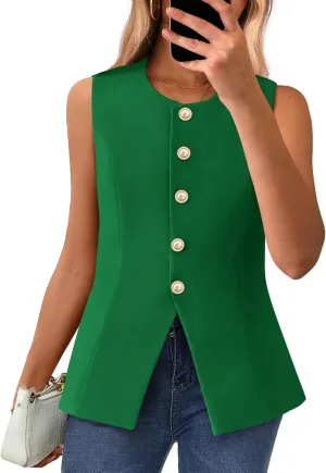 BTFBM Summer Sleeveless Blazer Vest For Women Dressy Button Down Round Neck Business Casual Outfits Work Suit Vests Tops