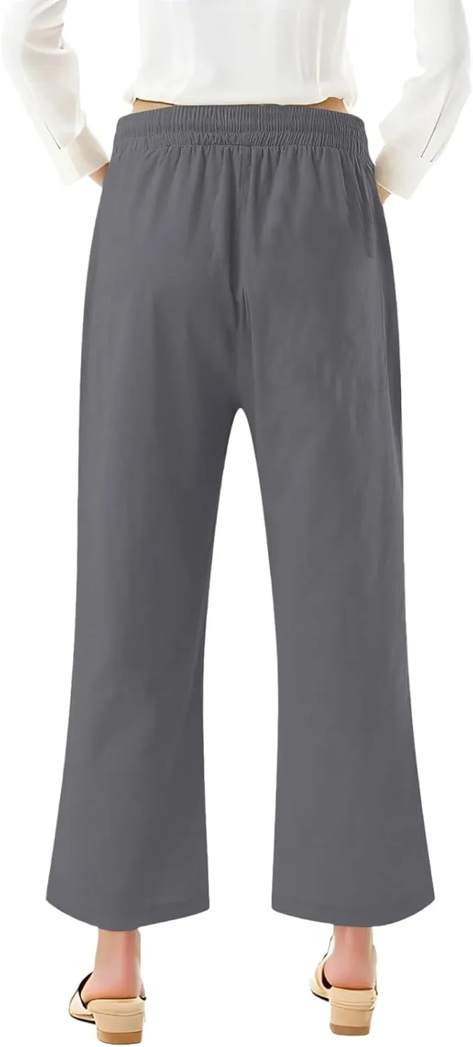 Capri Pants for Women 2025 Summer - Cotton Linen Wide Leg Cropped Trouser, Elastic Waist & Drawstring