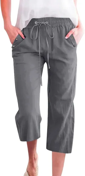 Capri Pants for Women 2025 Summer - Cotton Linen Wide Leg Cropped Trouser, Elastic Waist & Drawstring