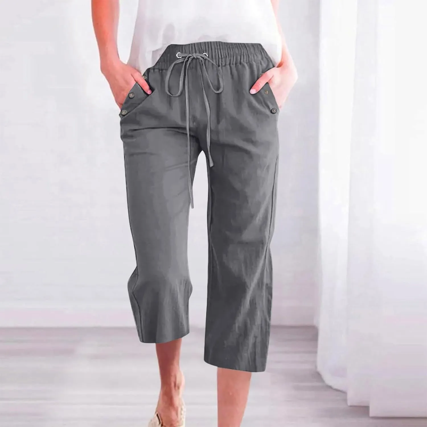 Capri Pants for Women 2025 Summer - Cotton Linen Wide Leg Cropped Trouser, Elastic Waist & Drawstring