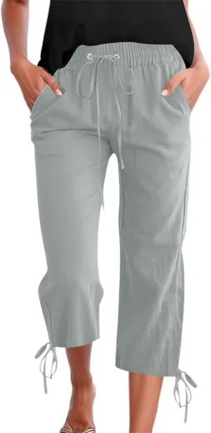 Capri Pants for Women 2025 Summer Drawstring High Waist Linen Pant Casual Straight Wide Leg Cropped Trouser Pockets