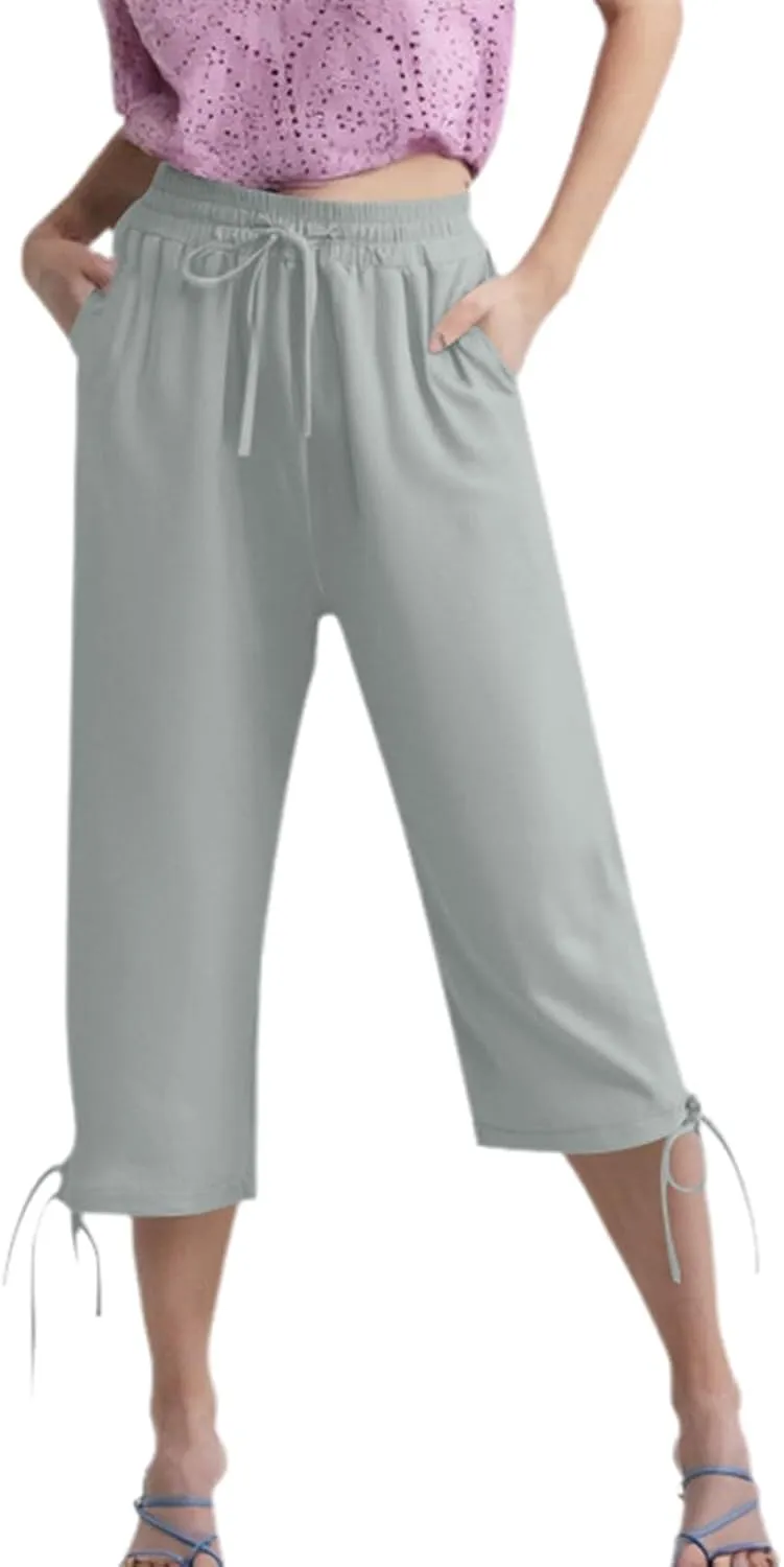 Capri Pants for Women 2025 Summer Drawstring High Waist Linen Pant Casual Straight Wide Leg Cropped Trouser Pockets