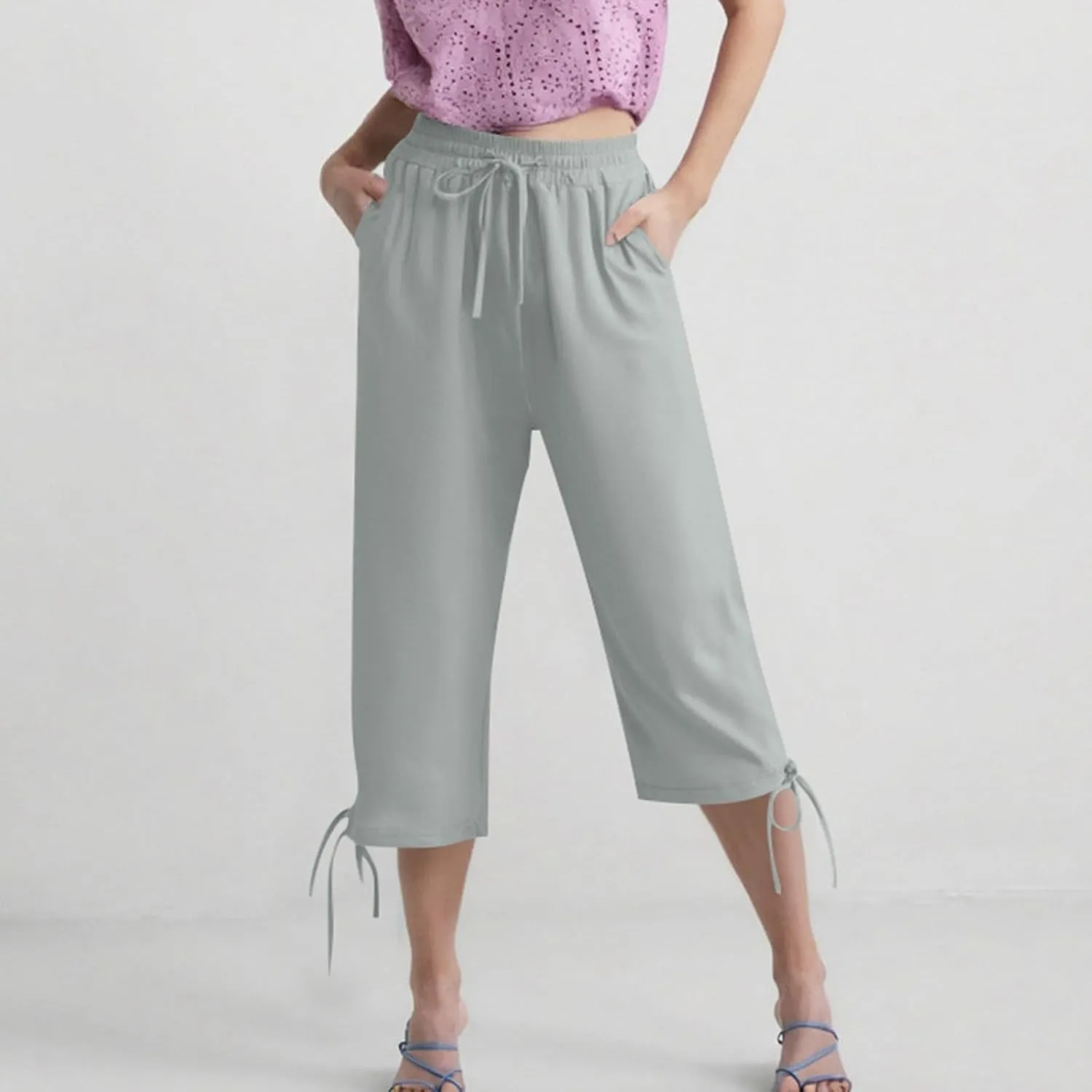 Capri Pants for Women 2025 Summer Drawstring High Waist Linen Pant Casual Straight Wide Leg Cropped Trouser Pockets