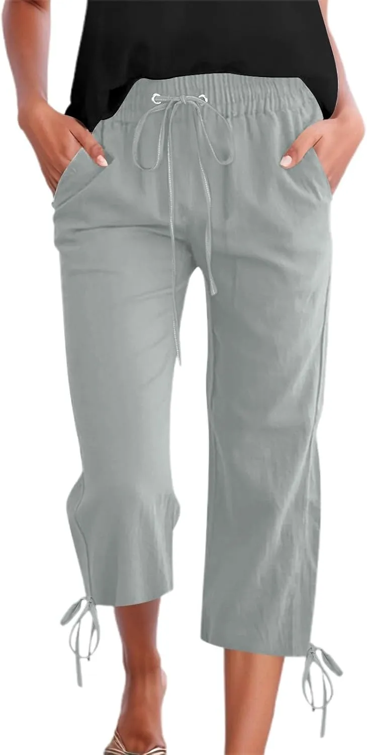 Capri Pants for Women 2025 Summer Drawstring High Waist Linen Pant Casual Straight Wide Leg Cropped Trouser Pockets