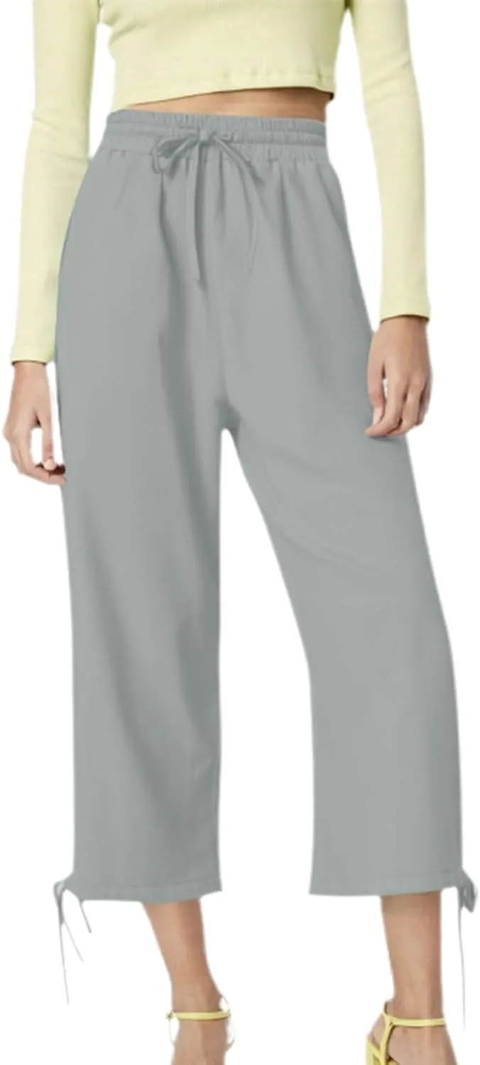 Capri Pants for Women 2025 Summer Drawstring High Waist Linen Pant Casual Straight Wide Leg Cropped Trouser Pockets